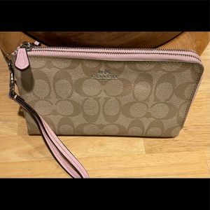 Coach Beige/pink Signature Double Zip Wallet